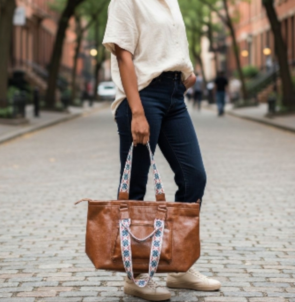 Amazon Brown Tote with Unique Patterned Straps